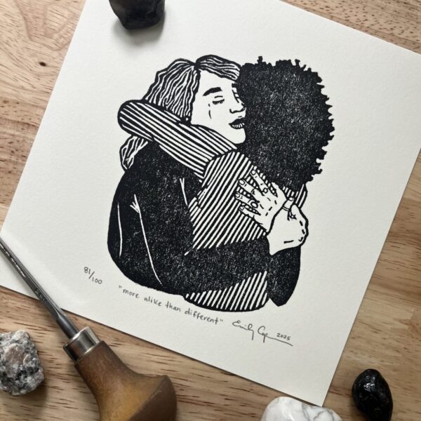 “More alike than different” limited edition linoleum block print – friendship linocut, hug lino print