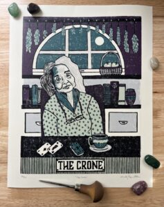 “The Crone” limited edition reduction linoleum block print - Oracle deck linocut