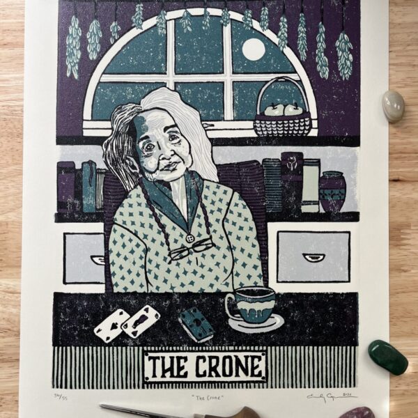“The Crone” limited edition reduction linoleum block print – Oracle deck linocut