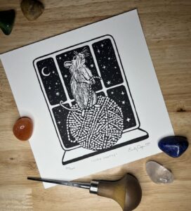 “Stay Crafty” original linoleum block print - signed edition - rodent with yarn print