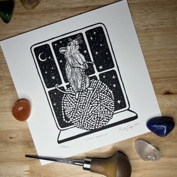 “Stay Crafty” original linoleum block print – signed edition – rodent with yarn print