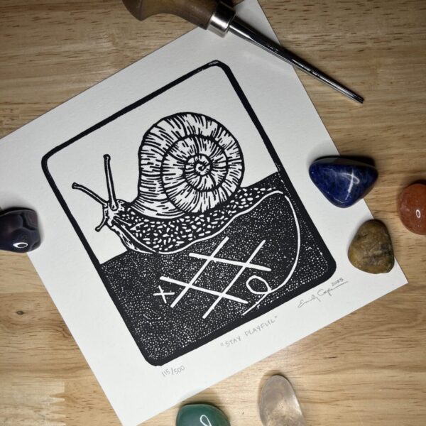 “Stay Playful” original linoleum block print – signed edition – snail tic tac toe print