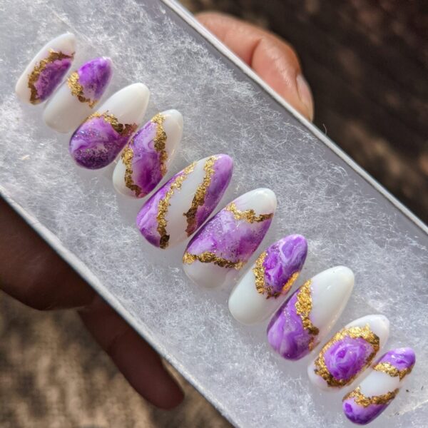 Purple Crystal Palace – purple and gold marble geode False Press-On Nail Extensions 10pcs