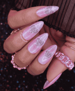 Sugar Rush - Pink and Silver Cat-Eye Heart Press-On Nail Extensions 10pcs