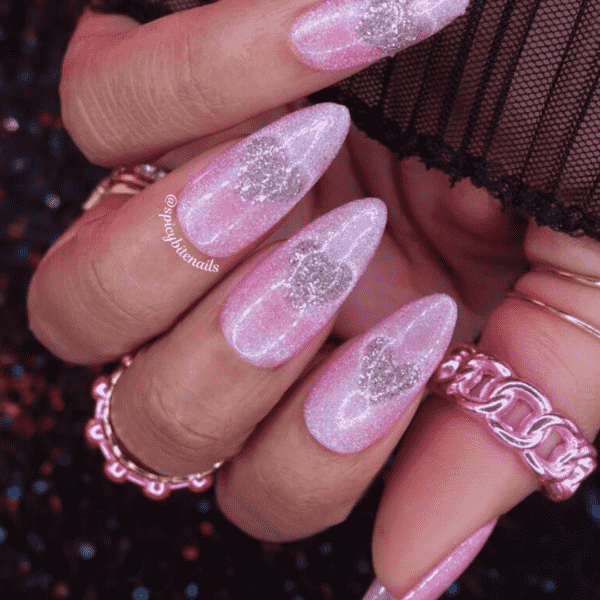 Sugar Rush – Pink and Silver Cat-Eye Heart Press-On Nail Extensions 10pcs