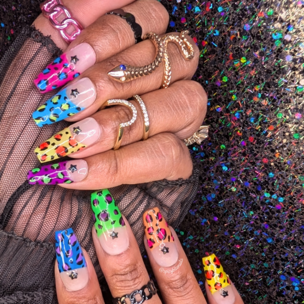 Wild Thing – Neon Leopard Print Half Moon French Tip False Press-On Nail Extensions 10pcs