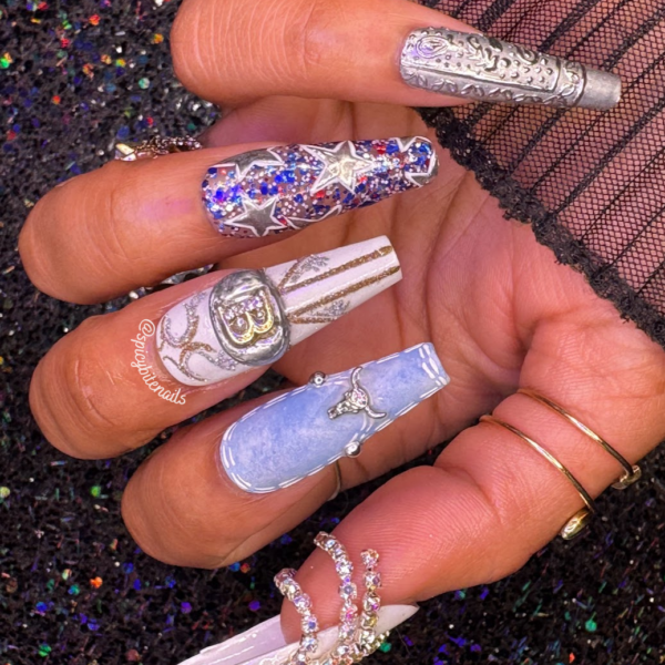 Beyonce Bowl – Beyonce Red, White and Blue Rhinestone Cowboy Inspired False Press-On Nail Extensions 10pcs