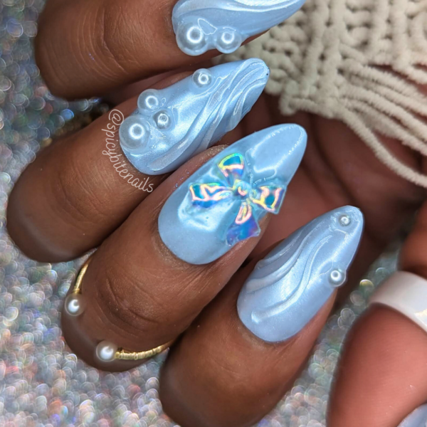 The Blue Pearl – Blue and White Chrome Pearl Coquette False Press-On Nail Extensions 10pcs