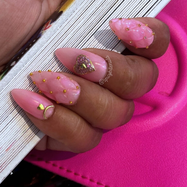 Pink Coco – Quilted Iridescent Pink Heart Coquette False Press-On Nail Extensions 10pcs