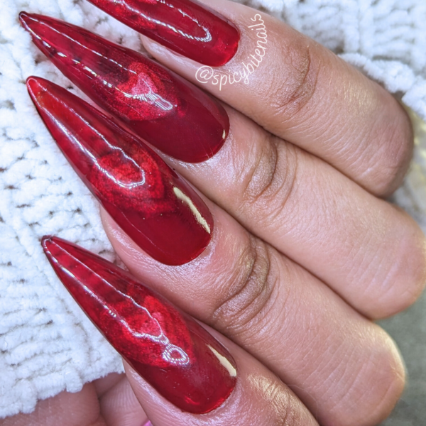 Hidden Hearts – Red Sheer Cat-Eye Heart Valentine’s Day False Press-On Nail Extensions 10pcs