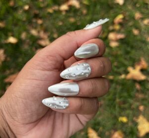 Pistachio Glazed Donut Nails - Sage Green and Rhinestone Pearl Chrome False Press-On Nail Extensions 10pcs