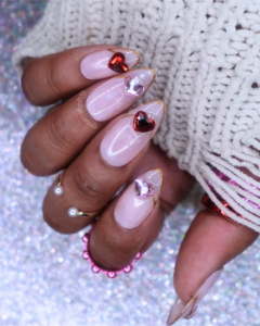 Ring of Hearts - Nude French Tip Red and Pink Rhinestone Valentine's Day False Press-On Nail Extensions 10pcs