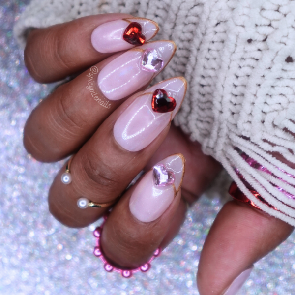 Ring of Hearts – Nude French Tip Red and Pink Rhinestone Valentine’s Day False Press-On Nail Extensions 10pcs