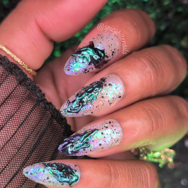 Urusla’s Toxic Sludge – Black, White and Purple Iridescent 3D Slime False Press-On Nail Extensions 10pcs