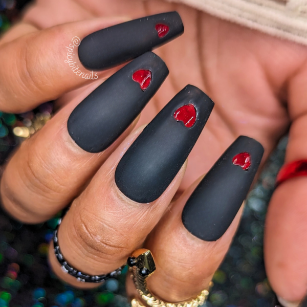 Window to My Heart – Black Matte Red Heart Cut-out Medium Coffin False Press-On Nail Extensions 10pcs