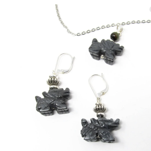 Carved hematite dragon jewelry set, earring and necklace set