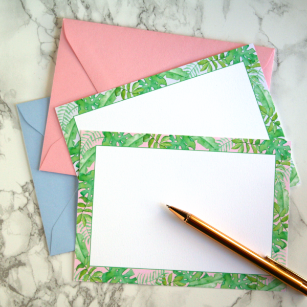 Watercolor Tropical Leaves Flat Notecard Stationery Set