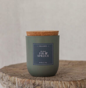 Fir & Spruce candle in sage green glass jar evoking fresh pine and winter woods – Fig & Grove