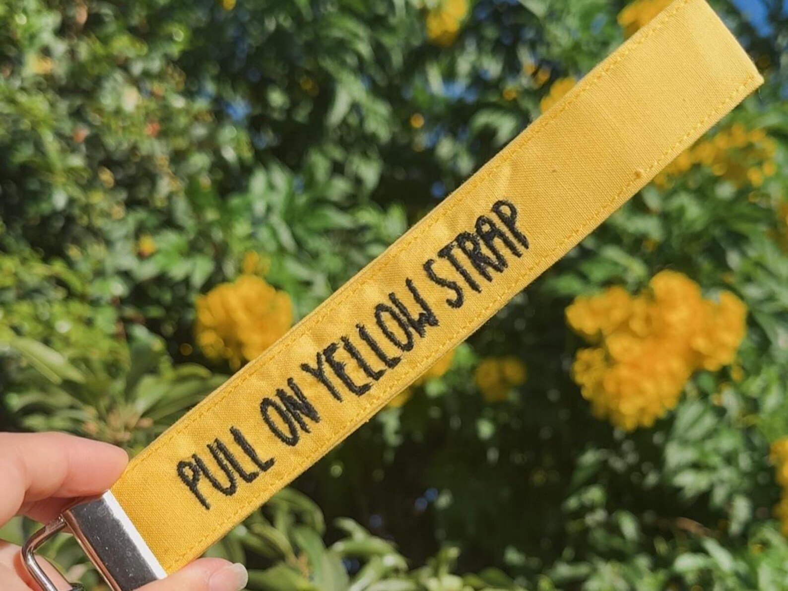 Pull on Yellow Strap Embroidered Wristlet | Handmade Disney Theme Park-Inspired Keychain - Image 4