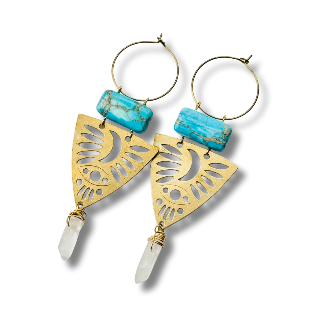 Gold Brass + Stone Statement Unique Earrings - Image 2