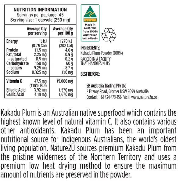 Nature2U Kakadu Plum Whole Food Vitamin C – 45 capsules