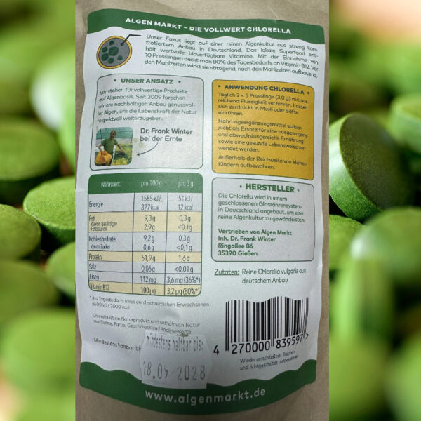 Algen Markt Chlorella – Glass Tube Grown – 1000 tablets