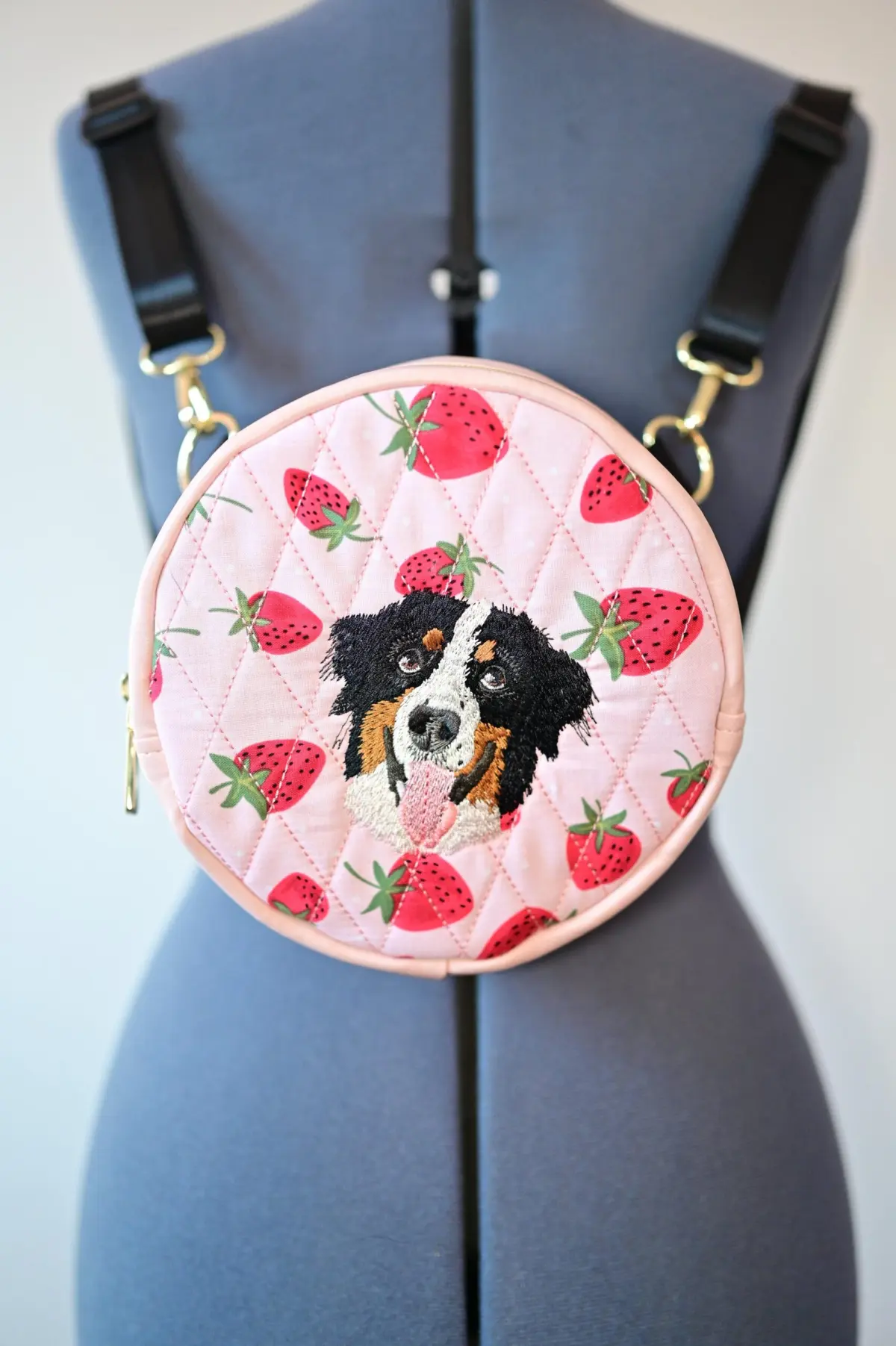 Custom Handmade Pet Portrait Mini Bag - Round Convertible Strawberry Quilted Mini Bag - Image 7