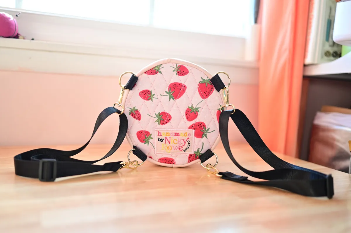 Custom Handmade Pet Portrait Mini Bag - Round Convertible Strawberry Quilted Mini Bag - Image 6