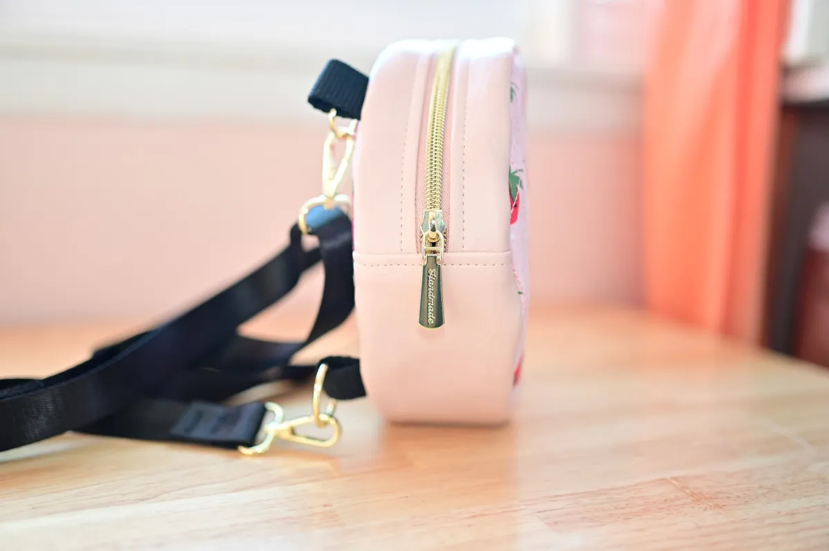 Custom Handmade Pet Portrait Mini Bag - Round Convertible Strawberry Quilted Mini Bag - Image 5