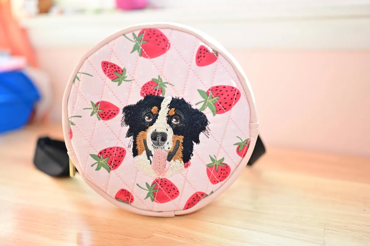 Custom Handmade Pet Portrait Mini Bag - Round Convertible Strawberry Quilted Mini Bag - Image 3