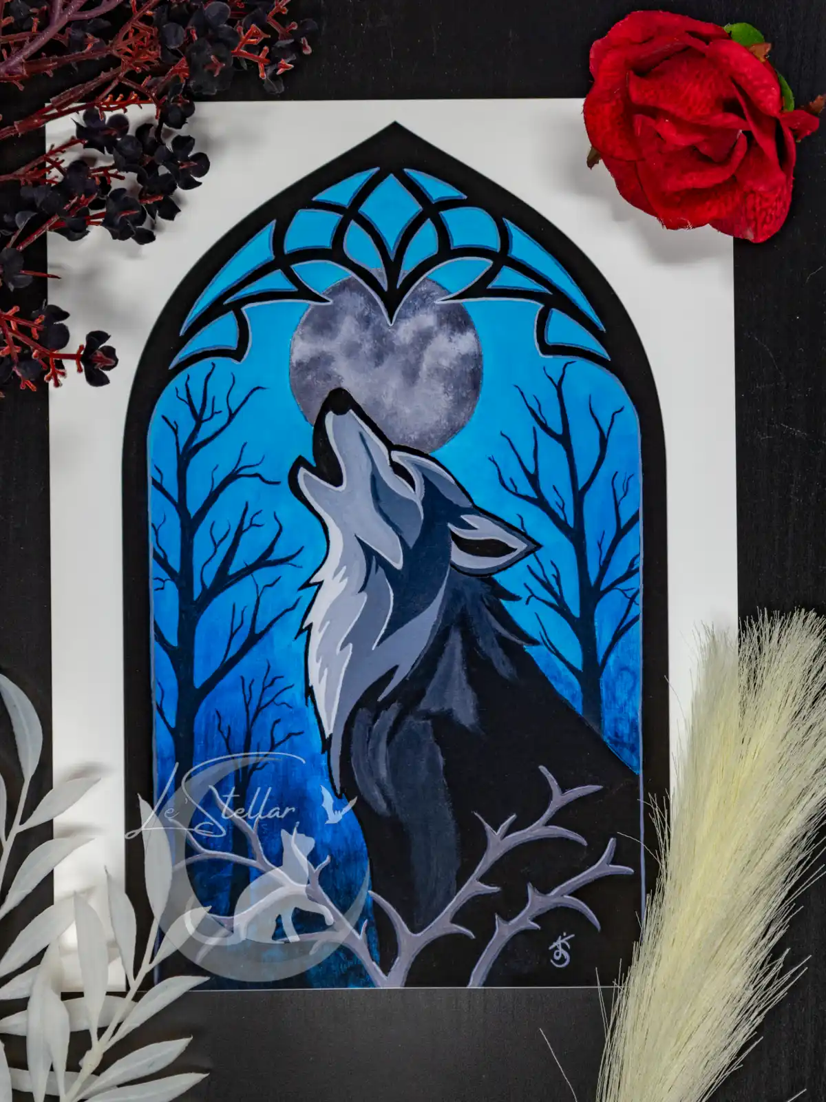 Wolf howling at the moon painting