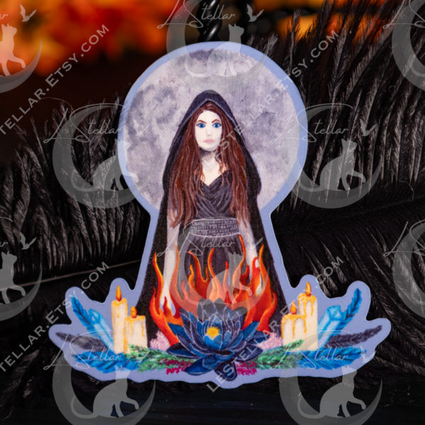 Witch Sticker: Full Moon, Flames, Crystals with Original Hand-Painted Art