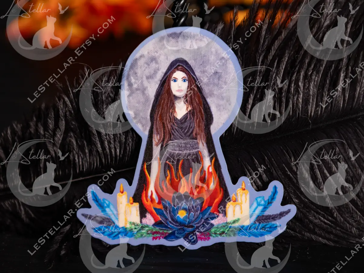 Witch Sticker: Full Moon, Flames, Crystals with Original Hand-Painted Art - Image 2