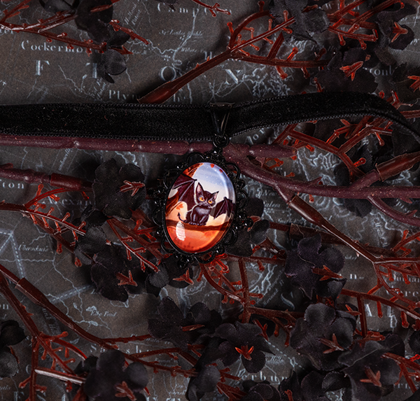 Black Cat Bat Choker: Victorian Mourning Jewelry with Original Hand-Painted Artwork