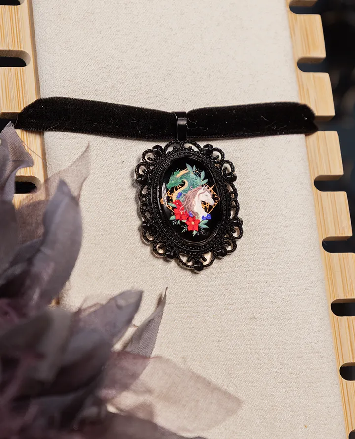 Fantasy Dragon and Unicorn Choker: Victorian Mourning Jewelry with Original Hand-Painted Artwork - Image 3