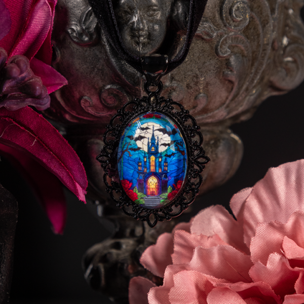 Gothic Stained Glass Choker: Victorian Mourning Jewelry with Original Hand-Painted Artwork