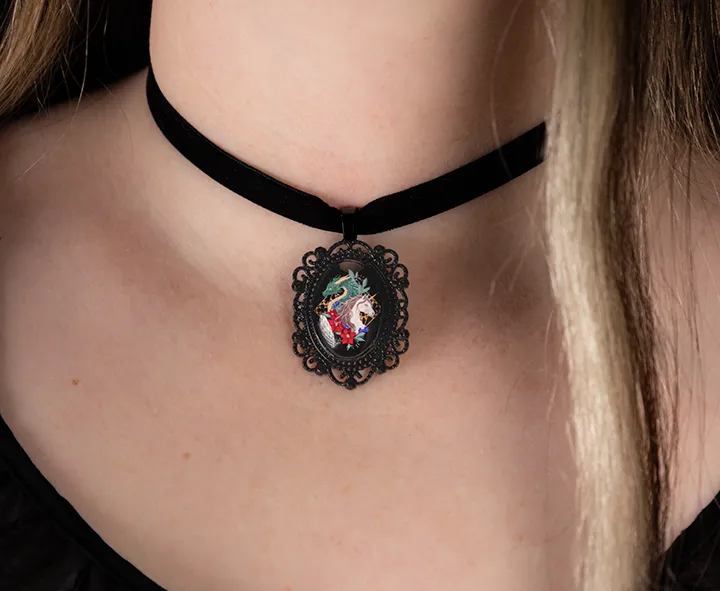Fantasy Dragon and Unicorn Choker: Victorian Mourning Jewelry with Original Hand-Painted Artwork - Image 5