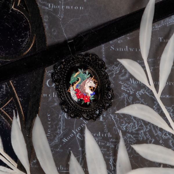 Fantasy Dragon and Unicorn Choker: Victorian Mourning Jewelry with Original Hand-Painted Artwork