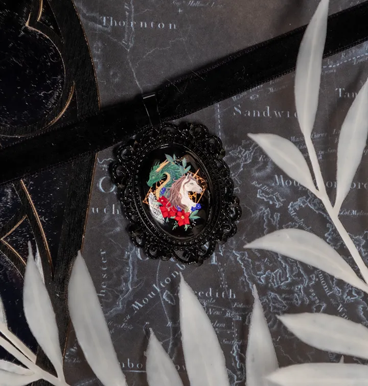 Fantasy Dragon and Unicorn Choker: Victorian Mourning Jewelry with Original Hand-Painted Artwork - Image 2
