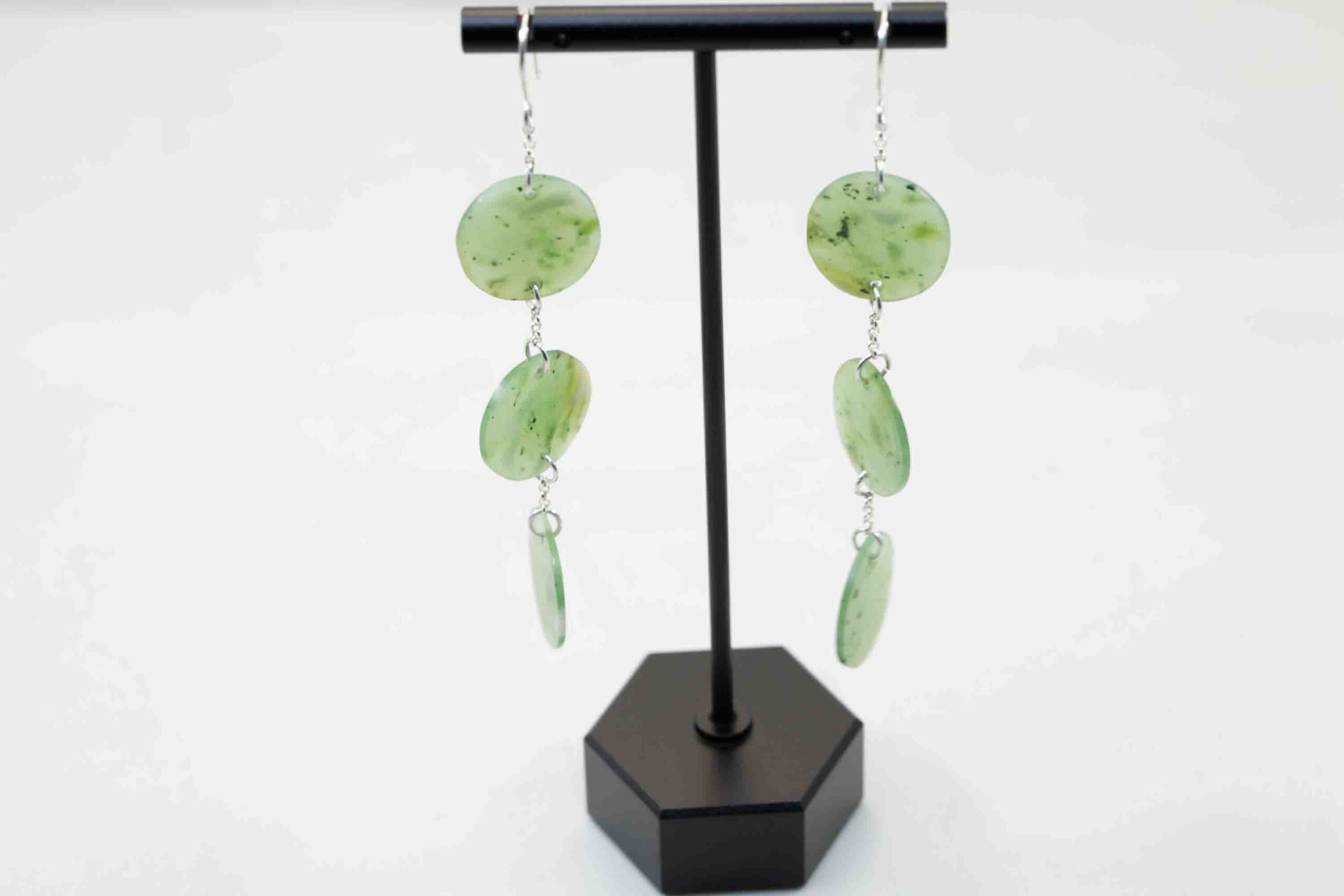Siberian Green Jade with White Ribbon – Triple Disc Dangle Earrings - Image 5