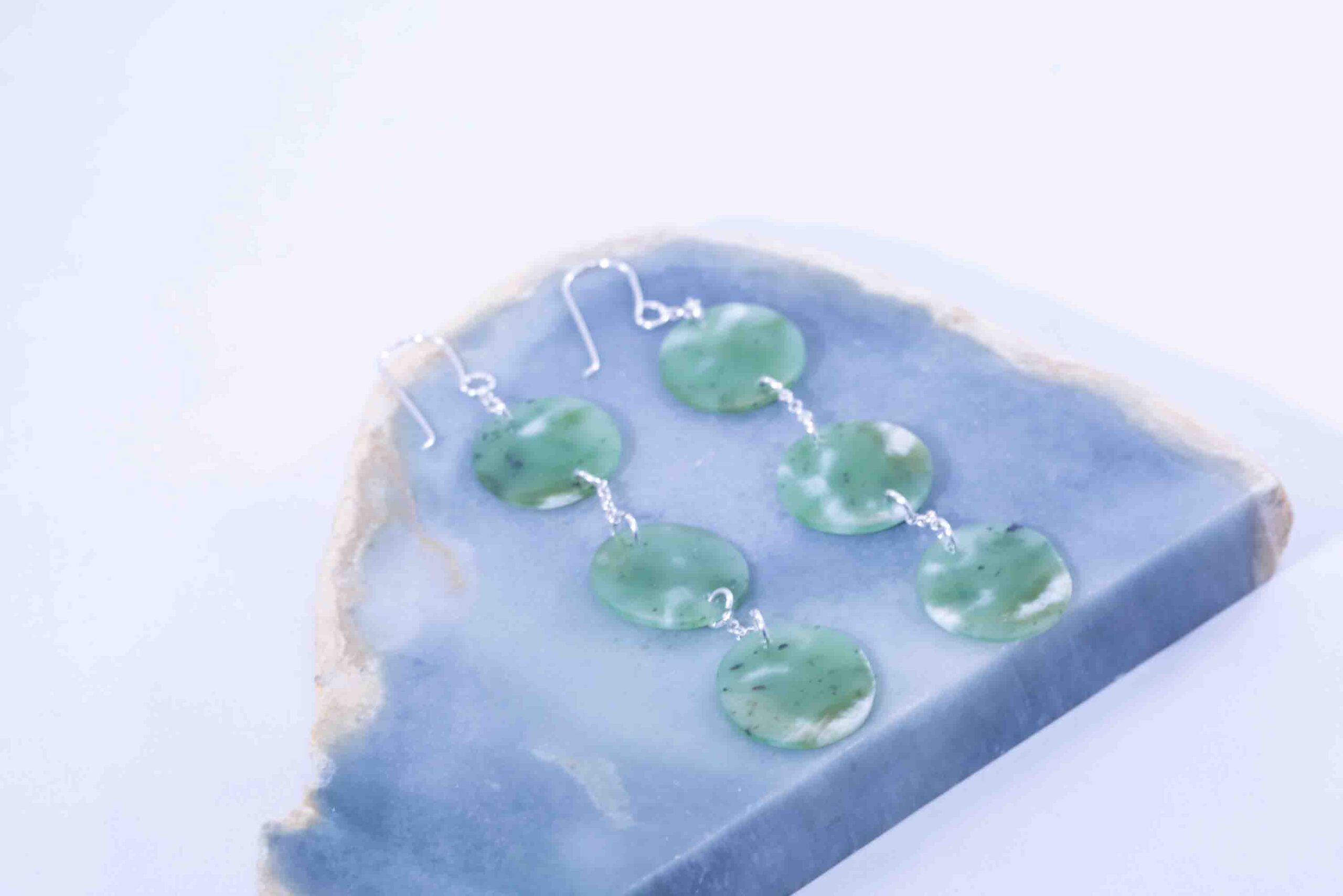 Siberian Green Jade with White Ribbon – Triple Disc Dangle Earrings - Image 6