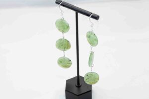 Siberian Green Jade with White Ribbon – Triple Disc Dangle Earrings