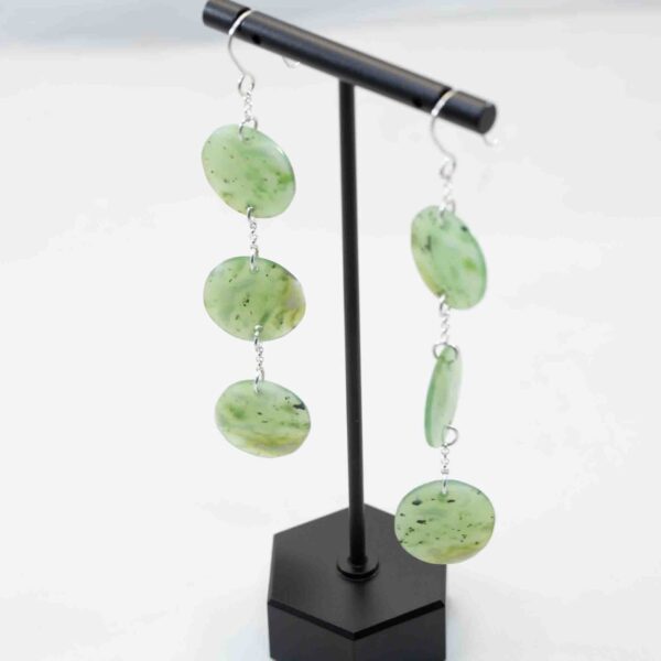 Siberian Green Jade with White Ribbon – Triple Disc Dangle Earrings