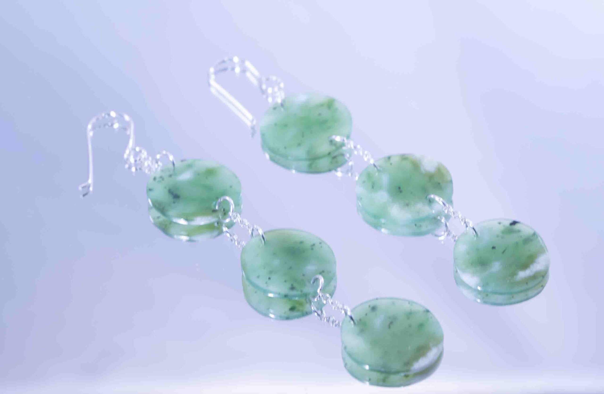 Siberian Green Jade with White Ribbon – Triple Disc Dangle Earrings - Image 4