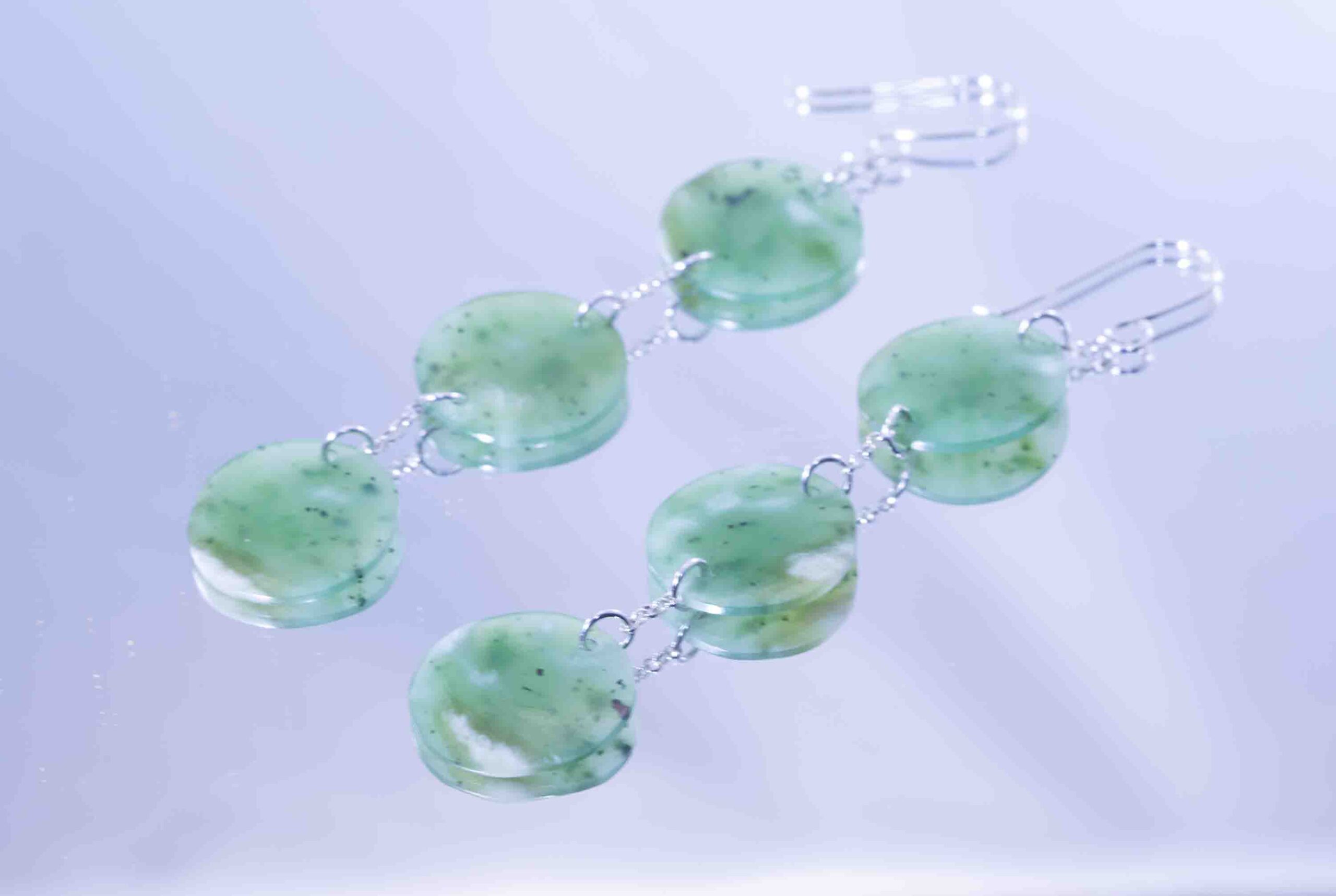 Siberian Green Jade with White Ribbon – Triple Disc Dangle Earrings - Image 3