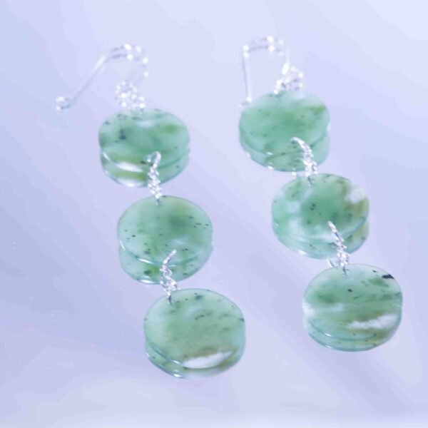 Siberian Green Jade with White Ribbon – Triple Disc Dangle Earrings