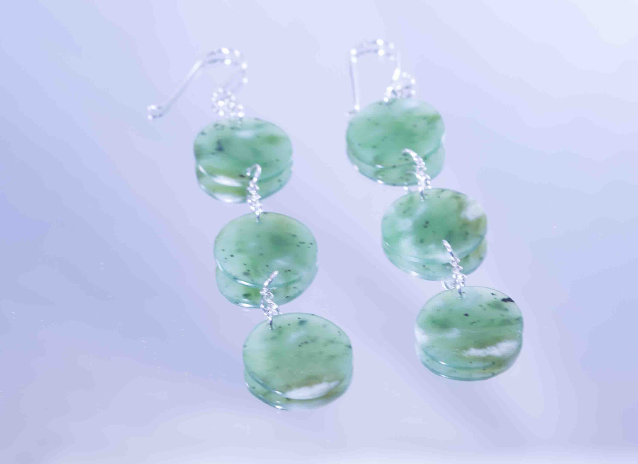 Siberian Green Jade with White Ribbon – Triple Disc Dangle Earrings - Image 2
