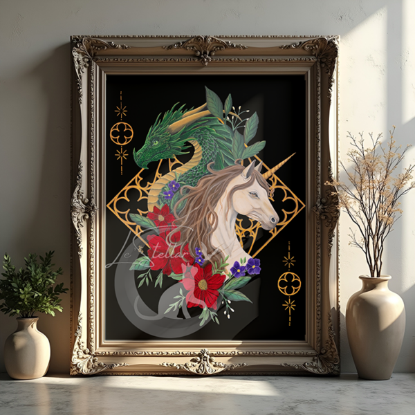 Dragon and Unicorn Gothic Art Print: Dark Academia Fantasy Acrylic Painting Decor