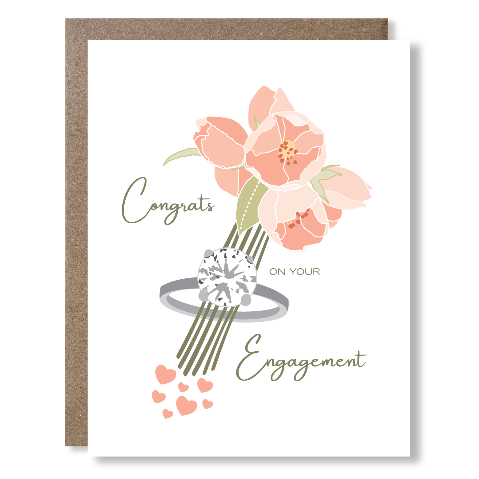 Greeting card with an illustration of a bunch of pink flowers inside a diamond ring with hearts and text reading "Congratulations on your engagement"