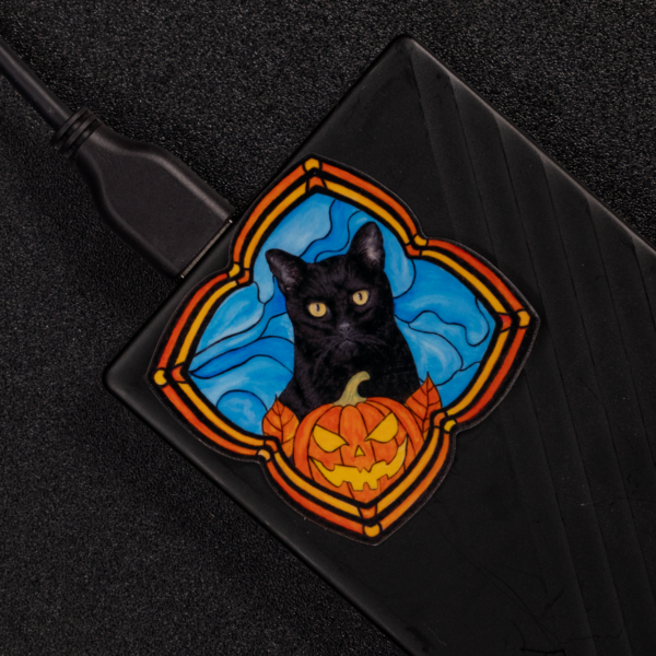 Stained Glass Black Cat Halloween Sticker or Magnet